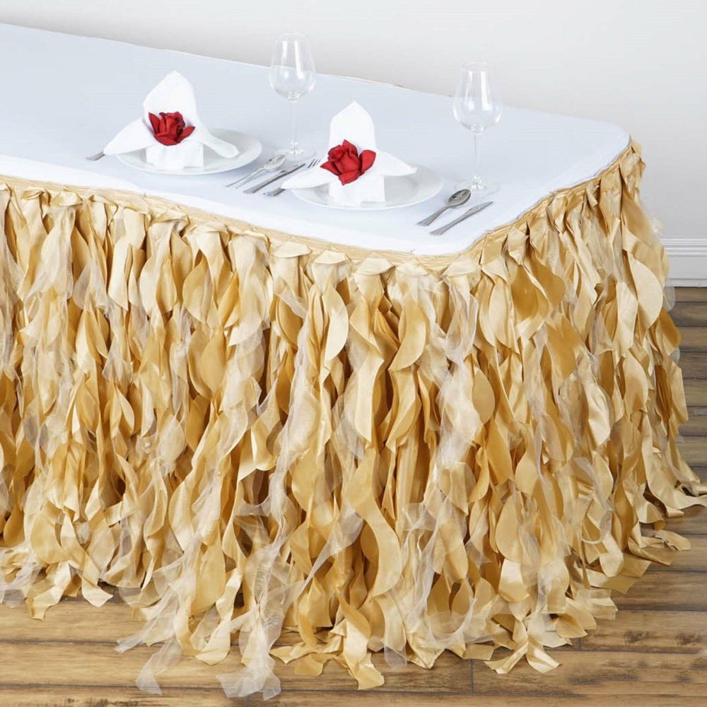 Champagne Curly Willow Taffeta Table Skirt 14ft  |   Ruffled Tulle Ruffled Tulle Champagne