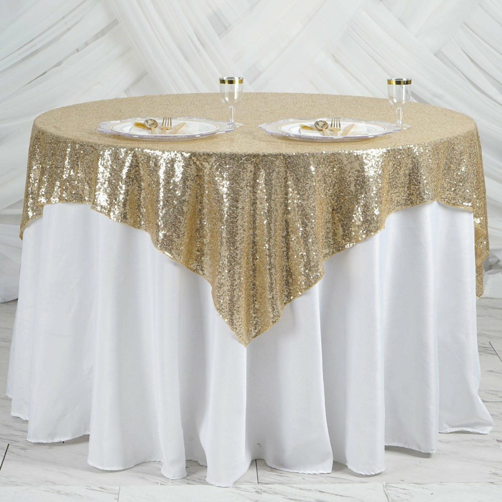 Champagne Duchess Sequin Square Table Overlay 60″x60″  |   Sequin Sequin Champagne