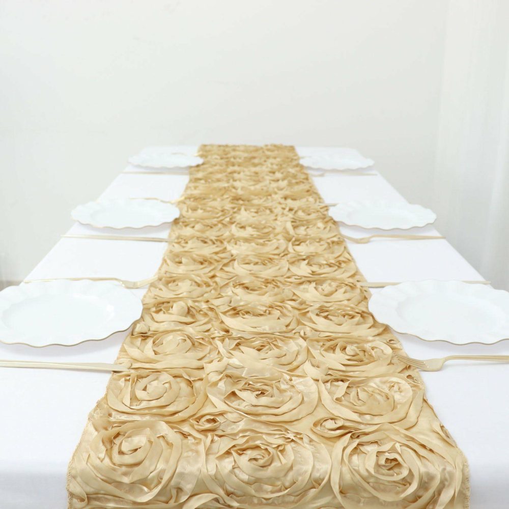 Champagne Grandiose Rosette Satin Table Runner 14″x108″  |   Satin & Taffeta Satin & Taffeta Champagne