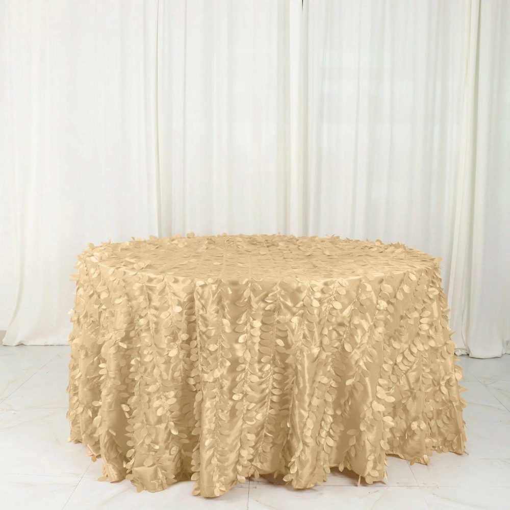 Champagne Leaf Petal Taffeta Seamless Round Tablecloth 132″ for 6 Foot Table With Floor-Length Drop  |   Pintuck, Crinkle & Leaf Pintuck, Crinkle & Leaf Champagne