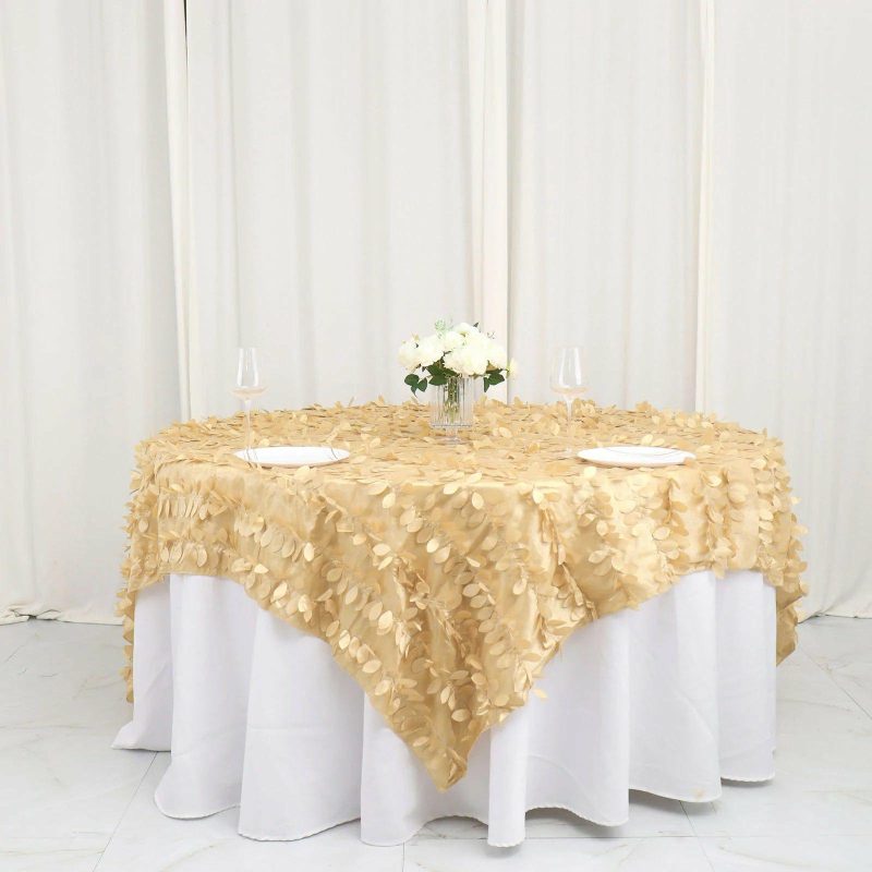 Champagne Leaf Petal Taffeta Table Overlay, Square Topper 90″x90″  |   Satin & Taffeta Satin & Taffeta Champagne