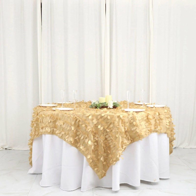 Champagne Leaf Petal Taffeta Table Overlay, Square Topper 90″x90″  |   Satin & Taffeta Satin & Taffeta Champagne