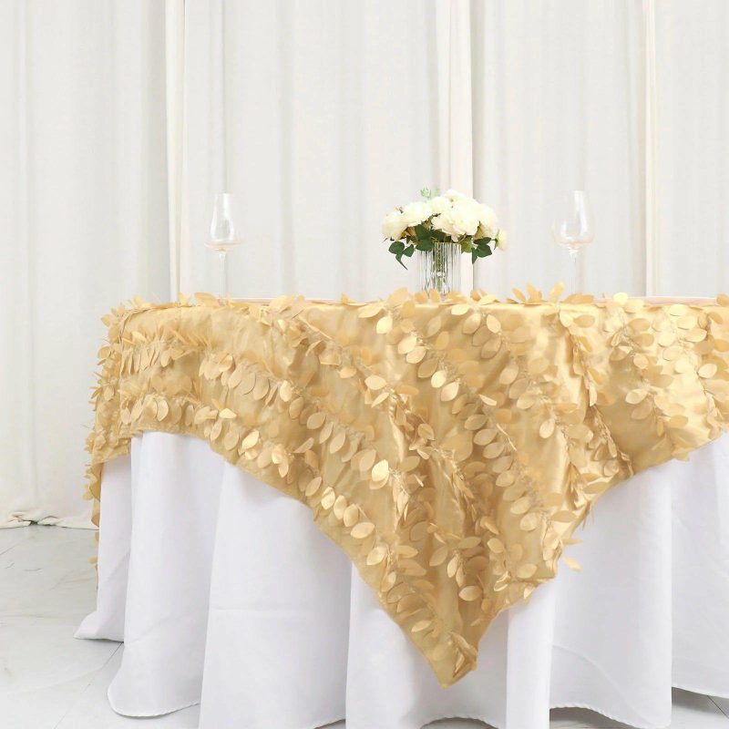 Champagne Leaf Petal Taffeta Table Overlay, Square Topper 90″x90″  |   Satin & Taffeta Satin & Taffeta Champagne