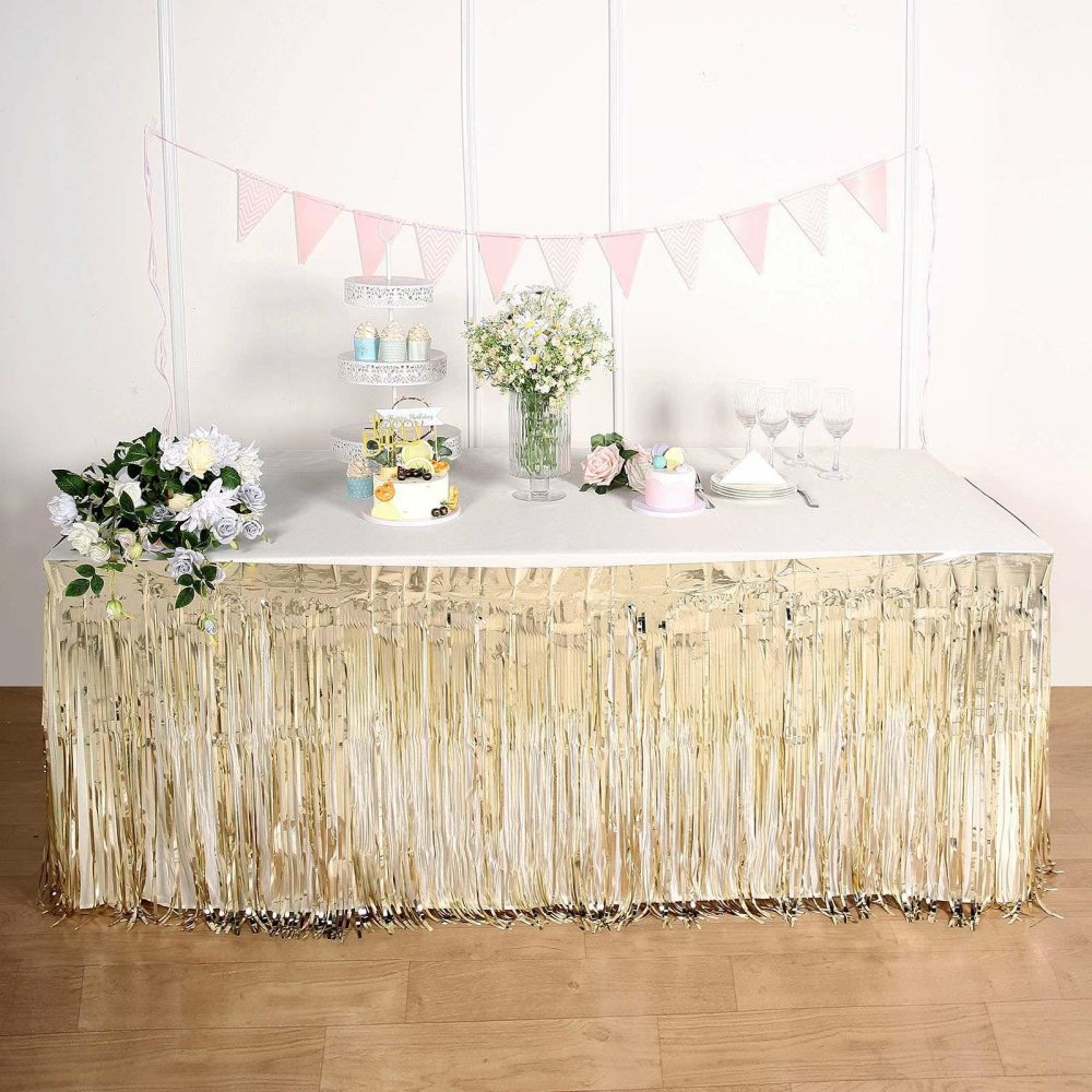 Champagne Metallic Foil Fringe Table Skirt, Self Adhesive Tinsel Table Skirt 30″x9ft  |   Disposable Tablecloth Disposable Tablecloth Champagne