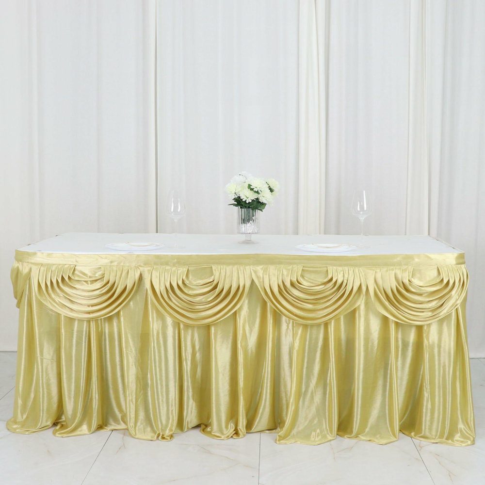 Champagne Pleated Satin Double Drape Table Skirt 14ft  |   Satin Shimmer Satin Shimmer Champagne