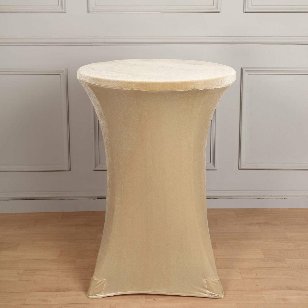 Champagne Premium Smooth Velvet Spandex Fit Cocktail Tablecloth With Foot Pockets  |   Spandex & Fitted Spandex & Fitted Champagne