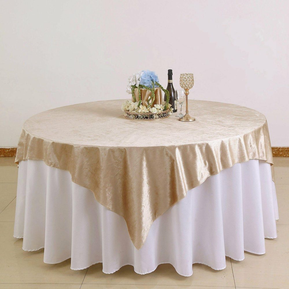 Champagne Premium Soft Velvet Table Overlay, Square Tablecloth Topper 72″x72″  |   Velvet & Flocking Table Overlays Champagne