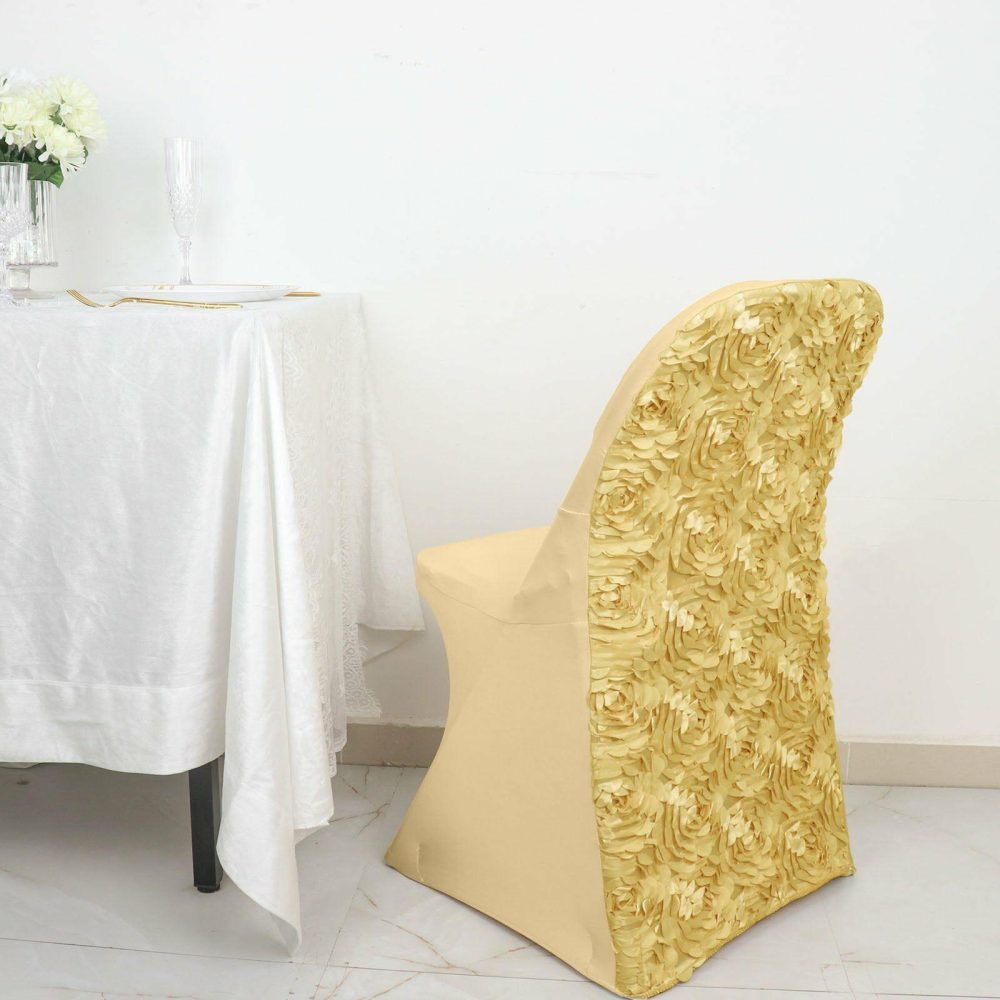 Champagne Satin Rosette Spandex Stretch Fitted Folding Chair Cover  |   Spandex Fitted Folding Chair Covers Champagne