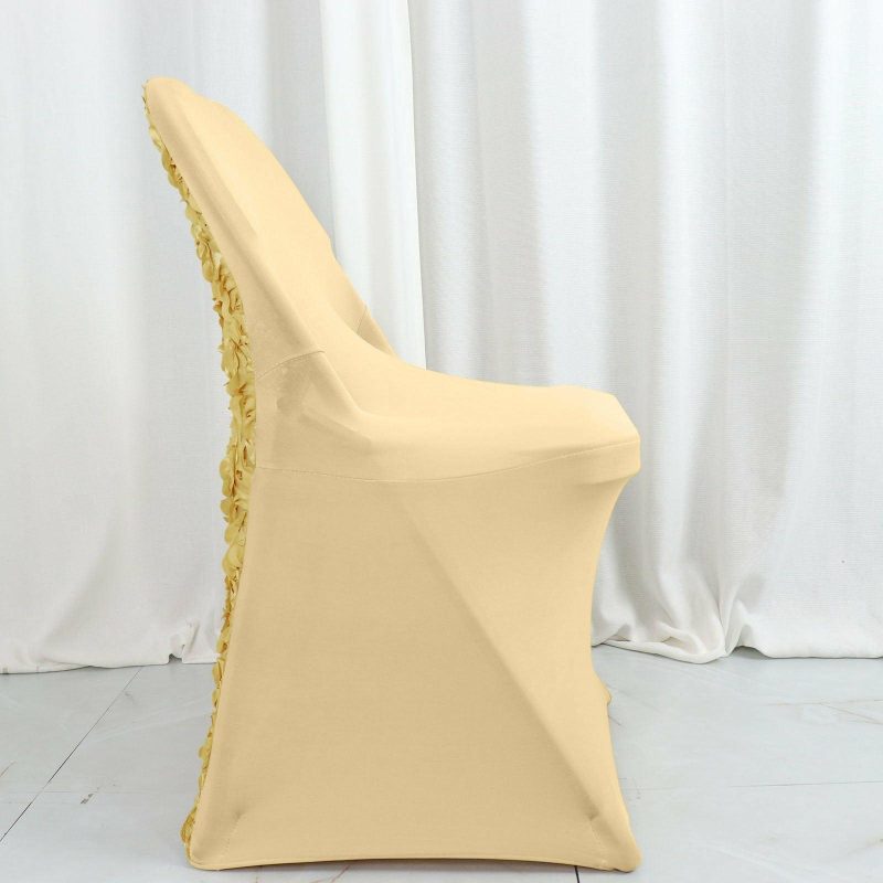 Champagne Satin Rosette Spandex Stretch Fitted Folding Chair Cover  |   Spandex Fitted Folding Chair Covers Champagne