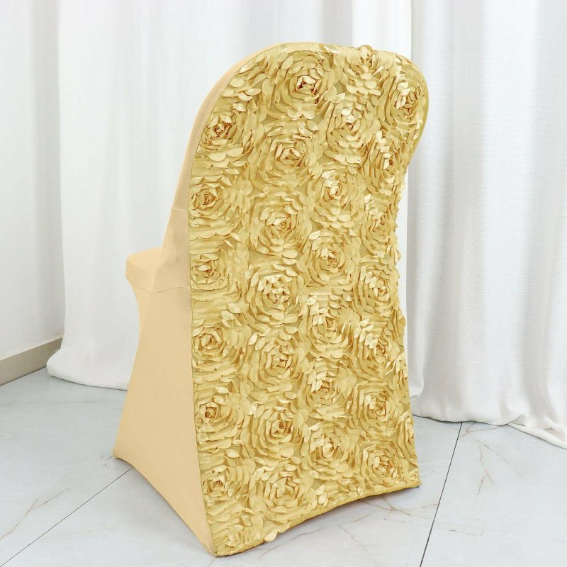 Champagne Satin Rosette Spandex Stretch Fitted Folding Chair Cover  |   Spandex Fitted Folding Chair Covers Champagne