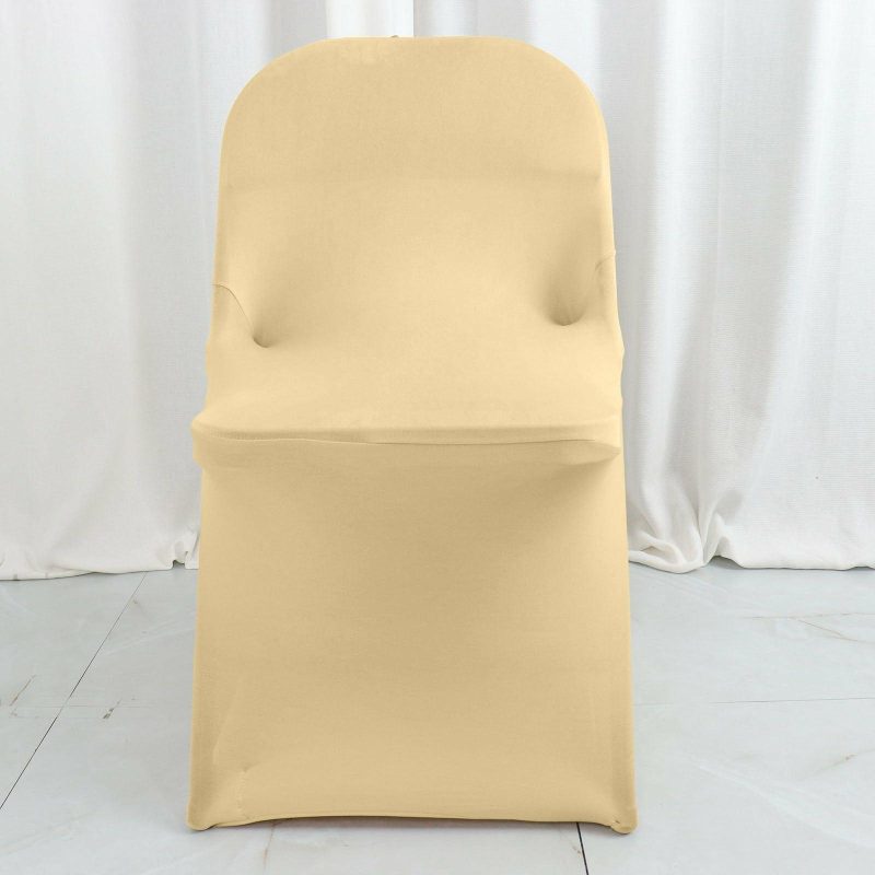 Champagne Satin Rosette Spandex Stretch Fitted Folding Chair Cover  |   Spandex Fitted Folding Chair Covers Champagne