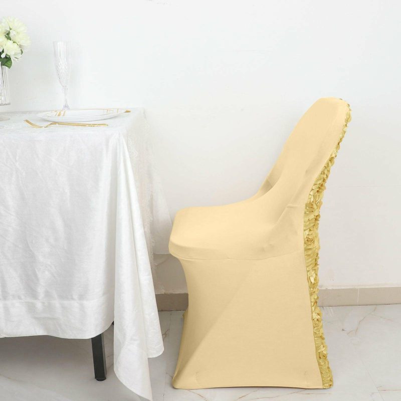 Champagne Satin Rosette Spandex Stretch Fitted Folding Chair Cover  |   Spandex Fitted Folding Chair Covers Champagne