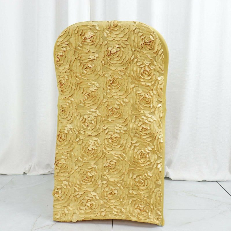 Champagne Satin Rosette Spandex Stretch Fitted Folding Chair Cover  |   Spandex Fitted Folding Chair Covers Champagne