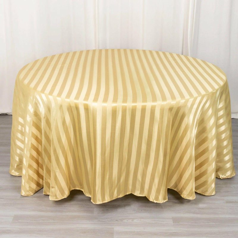 Champagne Satin Stripe Seamless Round Tablecloth 120″ for 5 Foot Table With Floor-Length Drop  |   Satin Satin Champagne