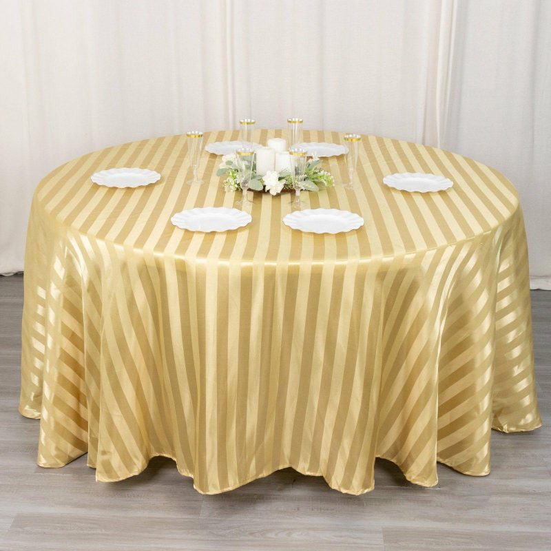 Champagne Satin Stripe Seamless Round Tablecloth 120″ for 5 Foot Table With Floor-Length Drop  |   Satin Satin Champagne