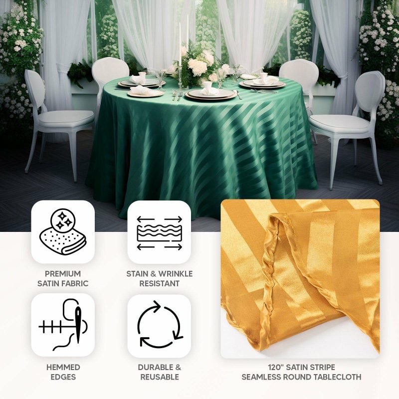 Champagne Satin Stripe Seamless Round Tablecloth 120″ for 5 Foot Table With Floor-Length Drop  |   Satin Satin Champagne