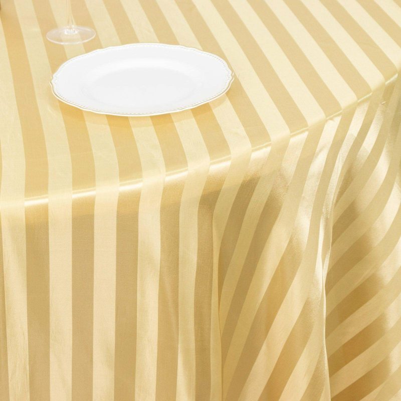 Champagne Satin Stripe Seamless Round Tablecloth 120″ for 5 Foot Table With Floor-Length Drop  |   Satin Satin Champagne