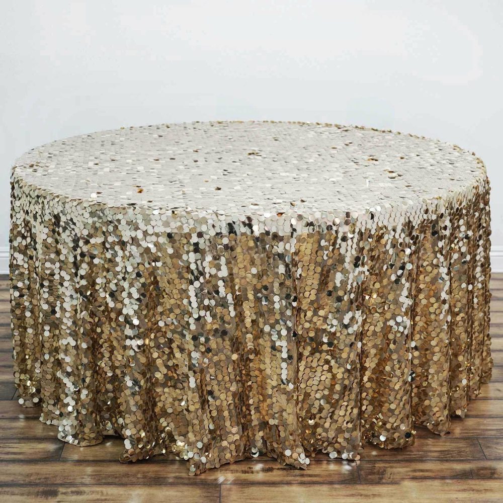 Champagne Seamless Big Payette Sequin Round Tablecloth Premium Collection 120″ for 5 Foot Table With Floor-Length Drop  |   Sequin Sequin Champagne