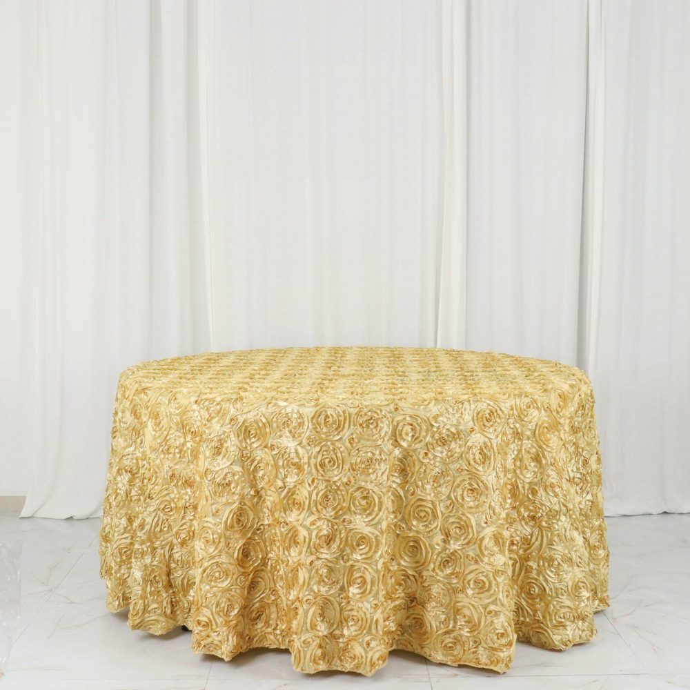 Champagne Seamless Grandiose 3D Rosette Satin Round Tablecloth 120″ for 5 Foot Table With Floor-Length Drop  |   Rosette Rosette Champagne