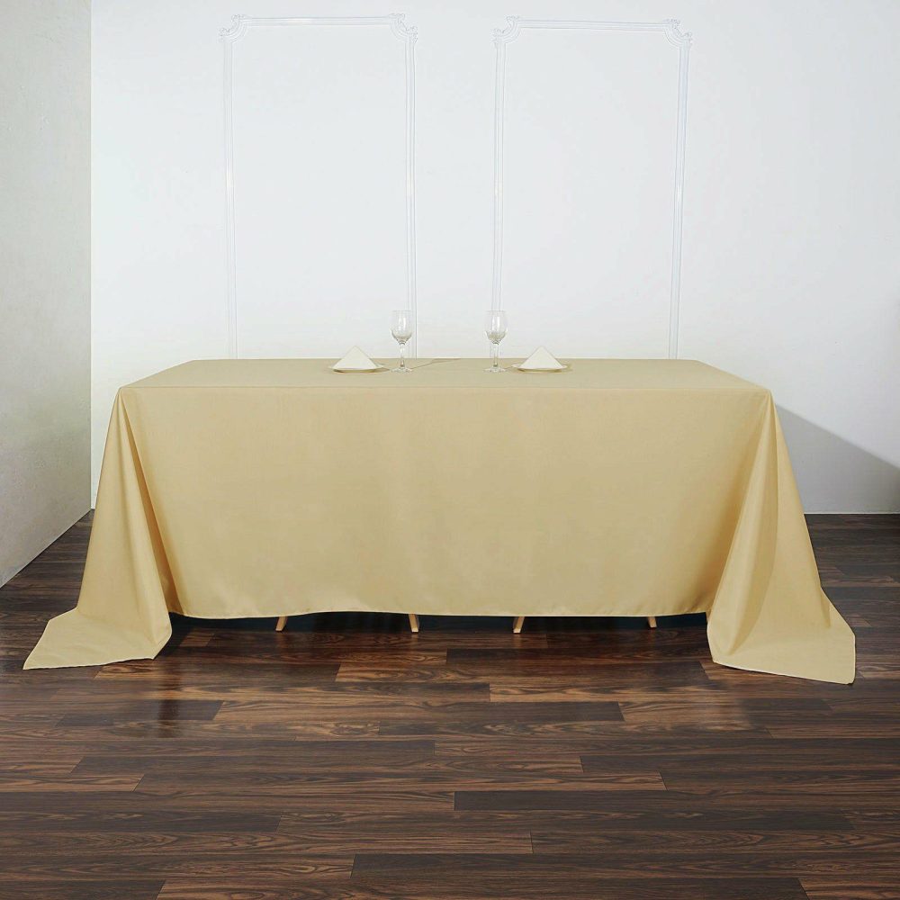 Champagne Seamless Polyester Rectangular Tablecloth 90″x132″ for 6 Foot Table With Floor-Length Drop  |   Polyester Polyester Champagne