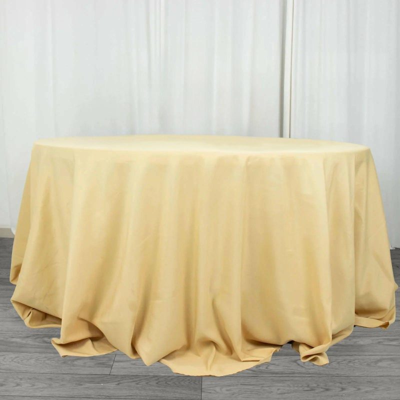 Champagne Seamless Premium Polyester Round Tablecloth 220GSM 132″ for 6 Foot Table With Floor-Length Drop  |   Polyester Polyester Champagne