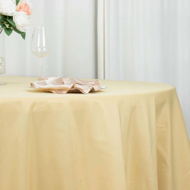 Champagne Seamless Premium Polyester Round Tablecloth 220GSM 132″ for 6 Foot Table With Floor-Length Drop  |   Polyester Polyester Champagne