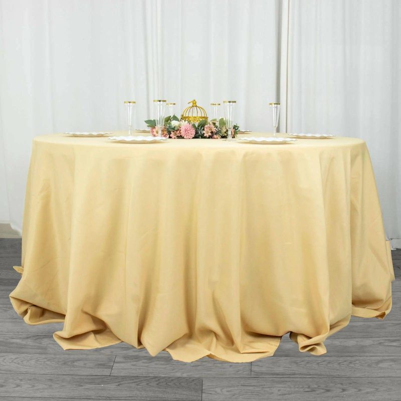 Champagne Seamless Premium Polyester Round Tablecloth 220GSM 132″ for 6 Foot Table With Floor-Length Drop  |   Polyester Polyester Champagne