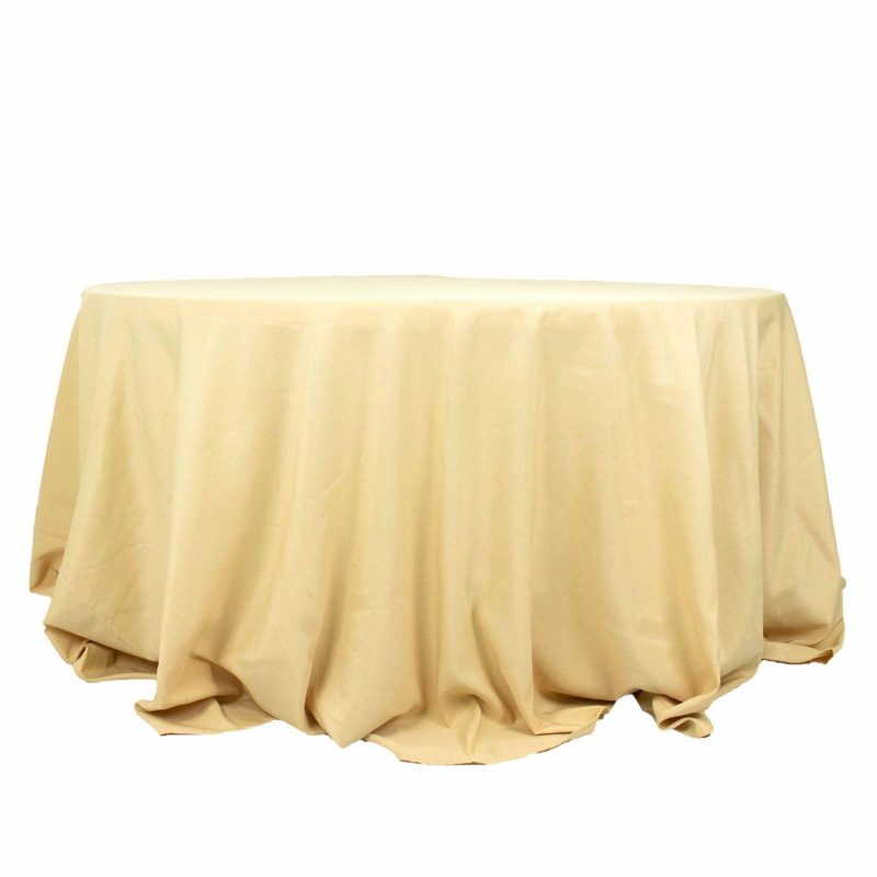 Champagne Seamless Premium Polyester Round Tablecloth 220GSM 132″ for 6 Foot Table With Floor-Length Drop  |   Polyester Polyester Champagne