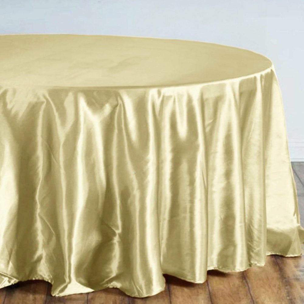 Champagne Seamless Satin Round Tablecloth 108″  |   Satin Satin Champagne