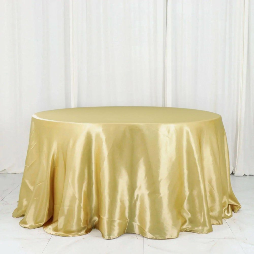 Champagne Seamless Satin Round Tablecloth 132″ for 6 Foot Table With Floor-Length Drop  |   Satin Satin Champagne