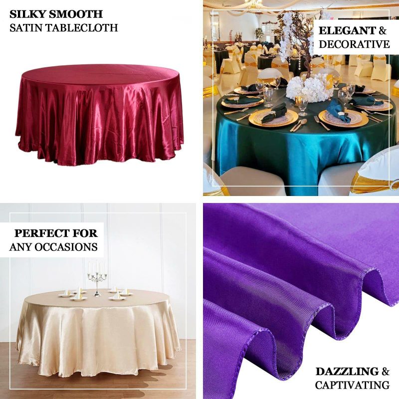 Champagne Seamless Satin Round Tablecloth 132″ for 6 Foot Table With Floor-Length Drop  |   Satin Satin Champagne