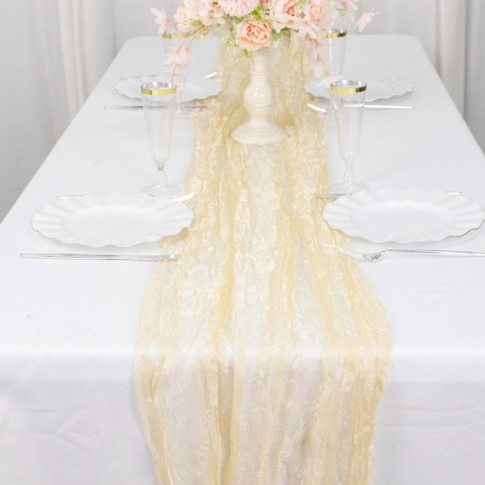 Champagne Sheer Crinkled Organza Table Runner, Premium Shimmer Chiffon Layered Table Runner 9ft  |   Organza & Chiffon Organza & Chiffon Champagne