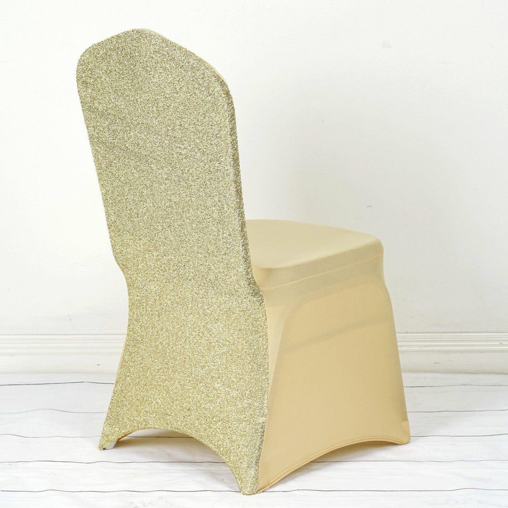 Champagne Spandex Stretch Banquet Chair Cover, Fitted with Metallic Shimmer Tinsel Back  |   Spandex Fitted Banquet Chair Covers Champagne