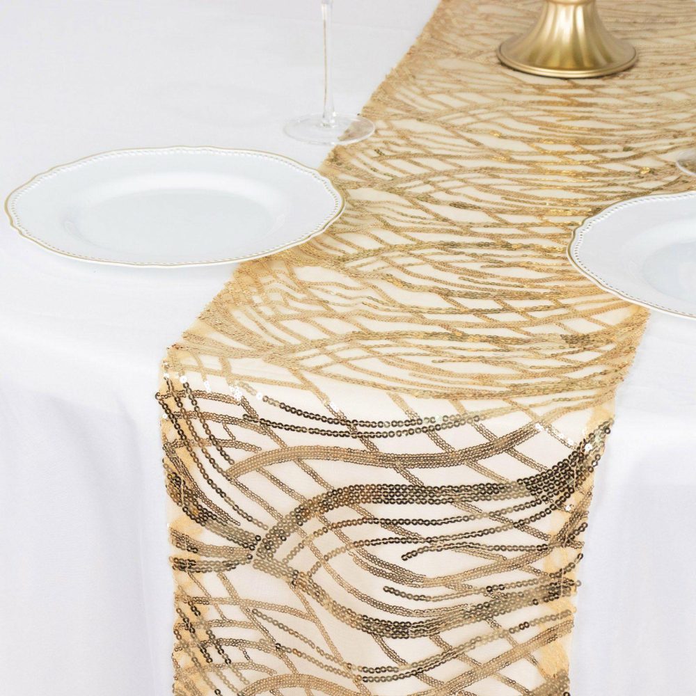 Champagne Wave Embroidered Sequins Table Runner 12″x108″  |   Sequin Sequin Champagne/Wave sequins