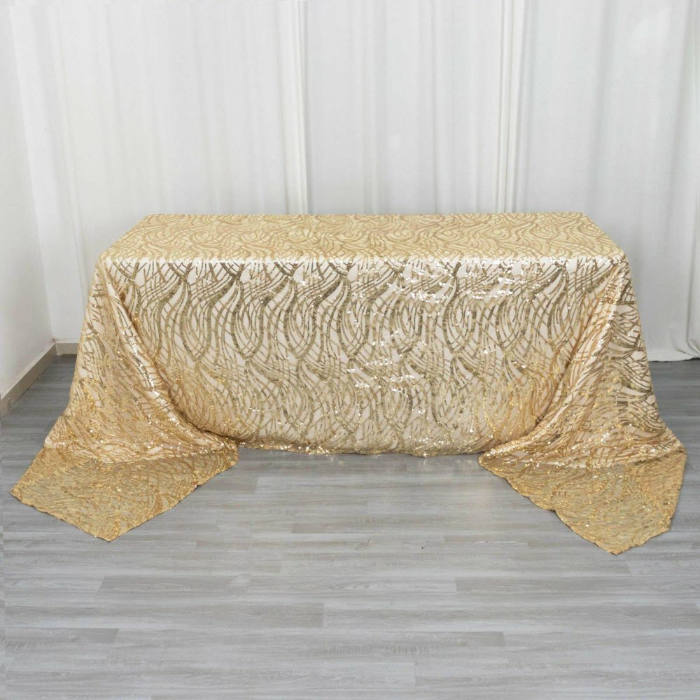 Champagne Wave Mesh Rectangular Tablecloth With Embroidered Sequins 90″x156″ for 8 Foot Table With Floor-Length Drop  |   Sequin Sequin Champagne