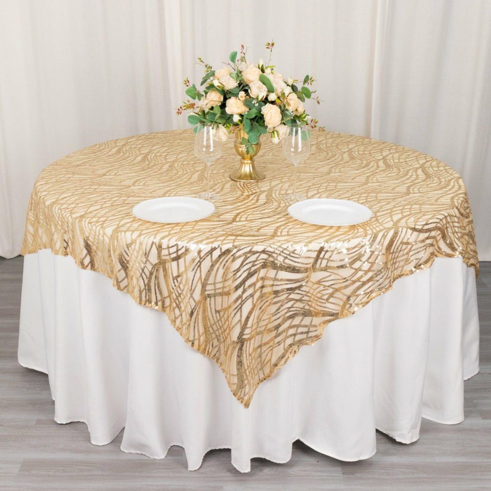 Champagne Wave Mesh Square Table Overlay With Embroidered Sequins 72″x72″  |   Sequin Sequin Champagne