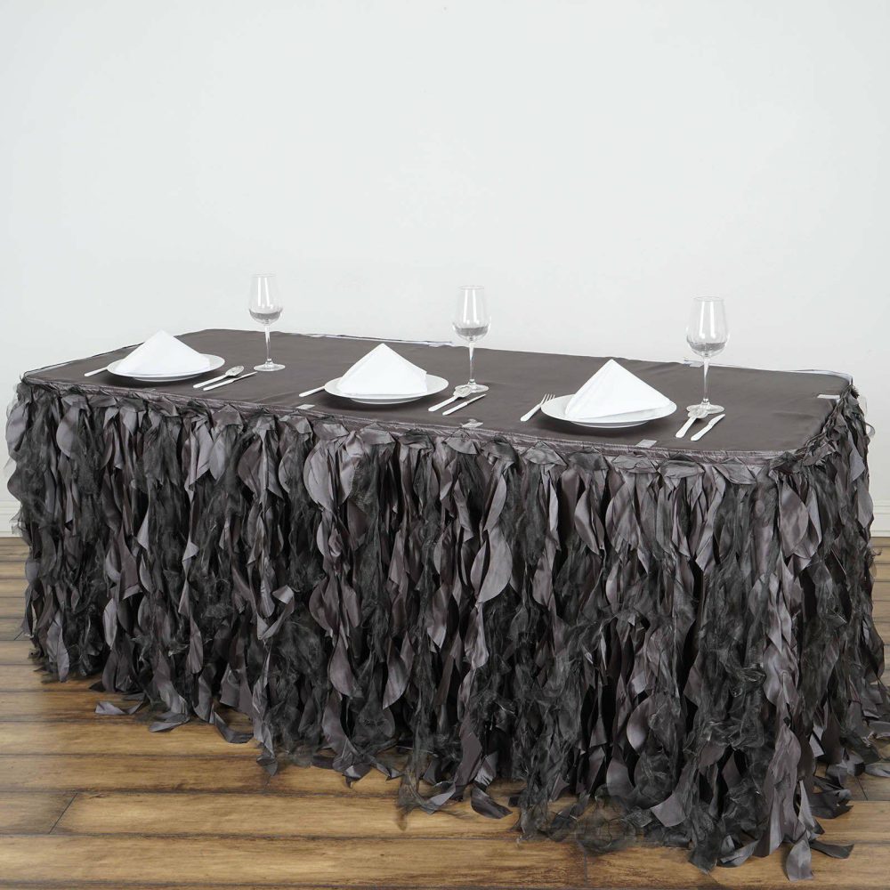 Charcoal Gray Curly Willow Taffeta Table Skirt 17ft  |   Ruffled Tulle Ruffled Tulle Charcoal Gray