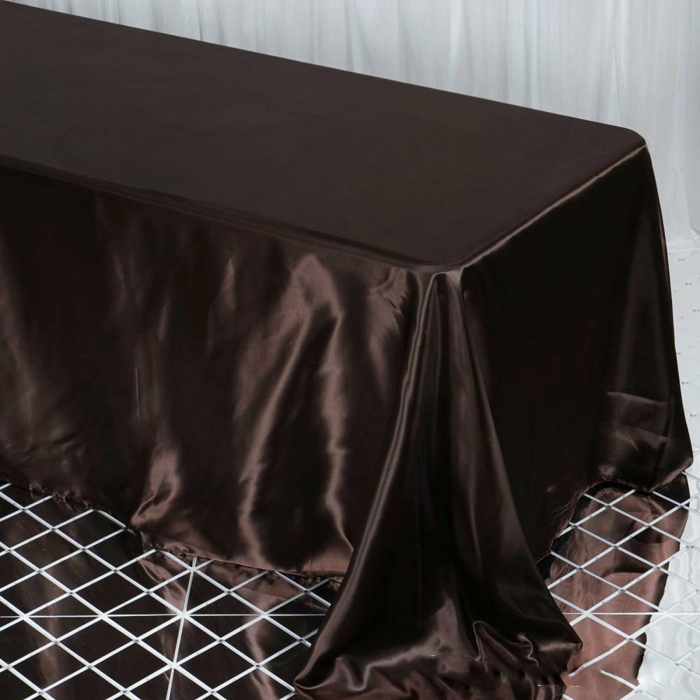 Chocolate Satin Seamless Rectangular Tablecloth 90″x132″ for 6 Foot Table With Floor-Length Drop  |   Satin Satin Chocolate