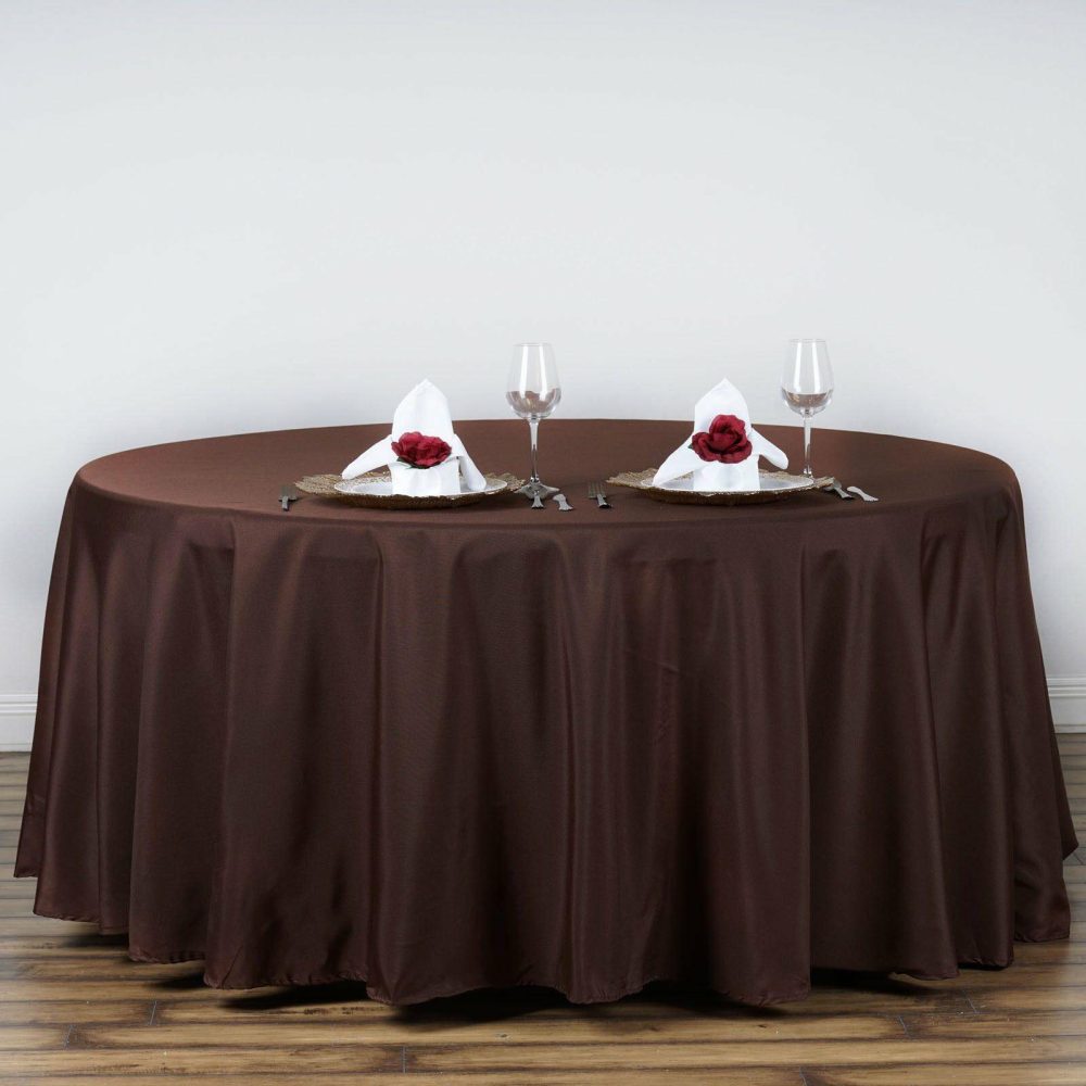 Chocolate Seamless Polyester Round Tablecloth 120″ for 5 Foot Table With Floor-Length Drop  |   Polyester Polyester Chocolate