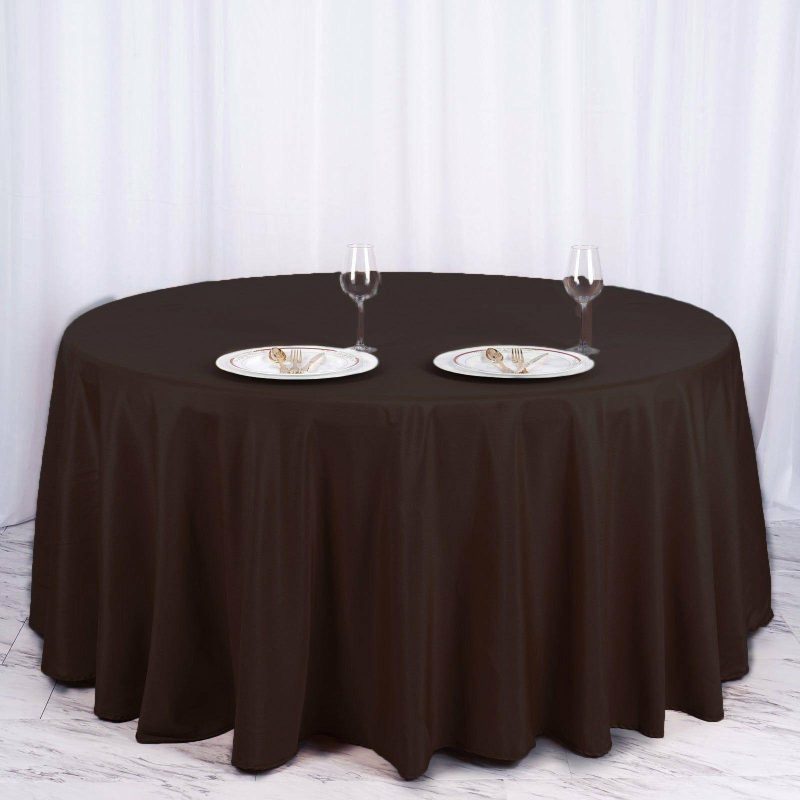 Chocolate Seamless Polyester Round Tablecloth 120″ for 5 Foot Table With Floor-Length Drop  |   Polyester Polyester Chocolate