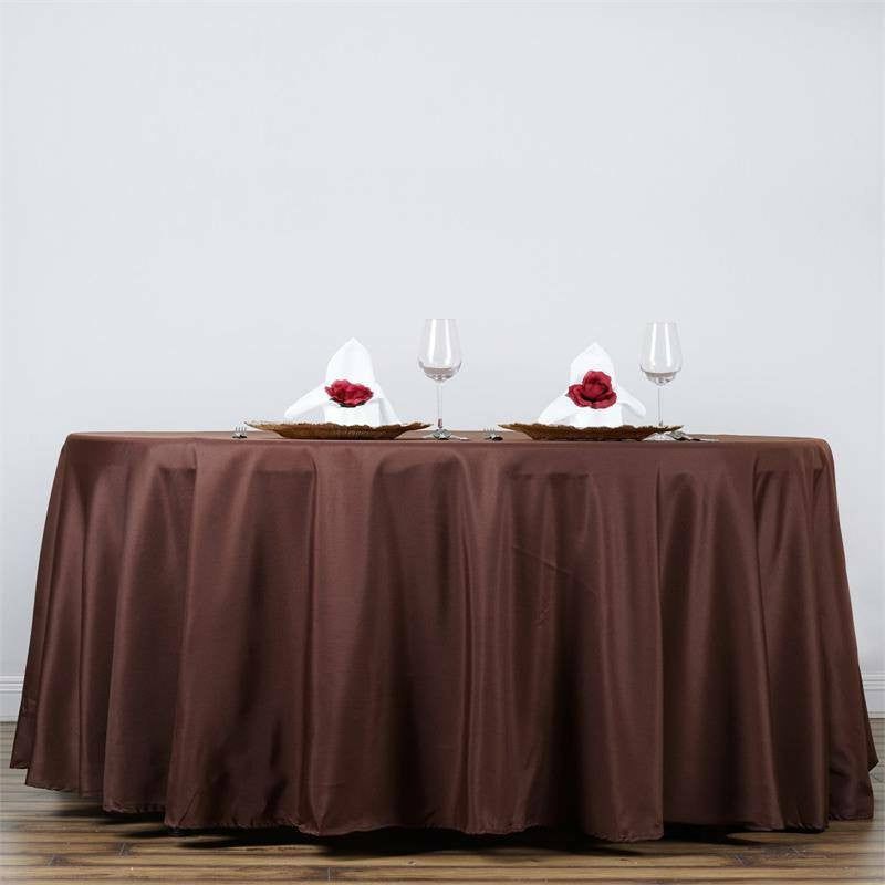 Chocolate Seamless Polyester Round Tablecloth 132″ for 6 Foot Table With Floor-Length Drop  |   Polyester Polyester Chocolate