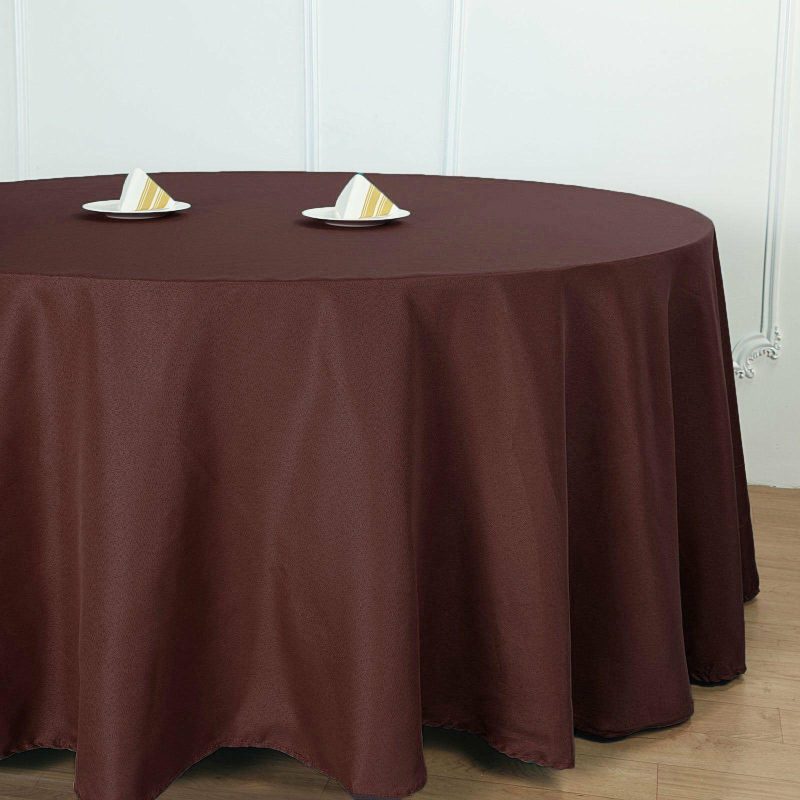 Chocolate Seamless Polyester Round Tablecloth 132″ for 6 Foot Table With Floor-Length Drop  |   Polyester Polyester Chocolate