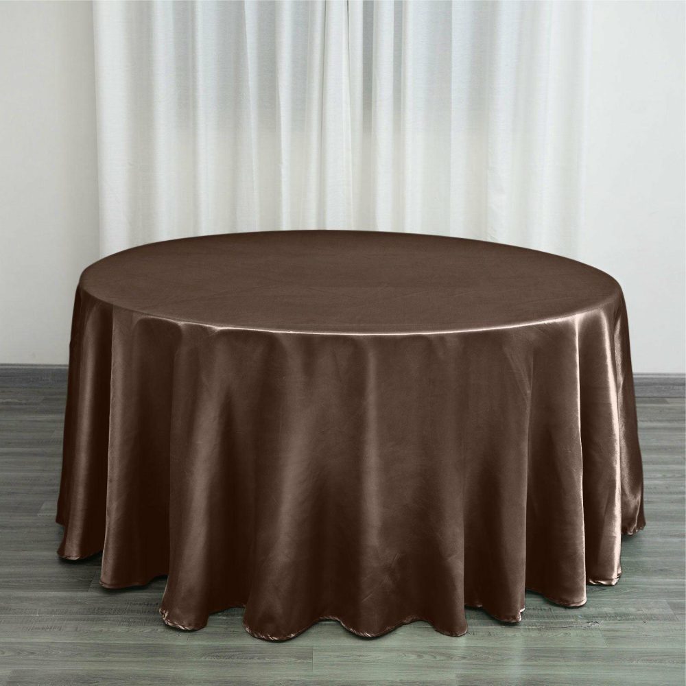 Chocolate Seamless Satin Round Tablecloth 120″ for 5 Foot Table With Floor-Length Drop  |   Satin Satin Chocolate