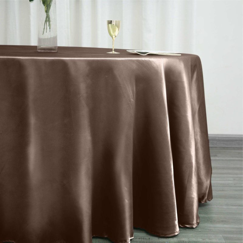 Chocolate Seamless Satin Round Tablecloth 120″ for 5 Foot Table With Floor-Length Drop  |   Satin Satin Chocolate