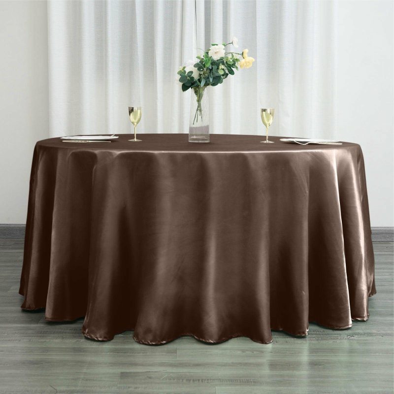 Chocolate Seamless Satin Round Tablecloth 120″ for 5 Foot Table With Floor-Length Drop  |   Satin Satin Chocolate