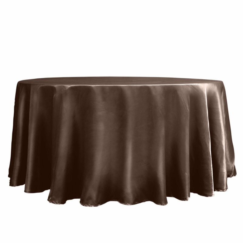 Chocolate Seamless Satin Round Tablecloth 120″ for 5 Foot Table With Floor-Length Drop  |   Satin Satin Chocolate