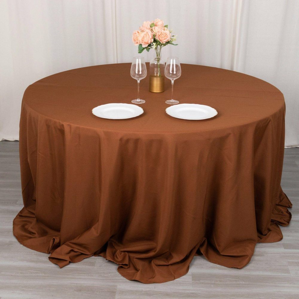 Cinnamon Brown Seamless Polyester Round Tablecloth 132″ for 6 Foot Table With Floor-Length Drop  |   Polyester Polyester Cinnamon Brown