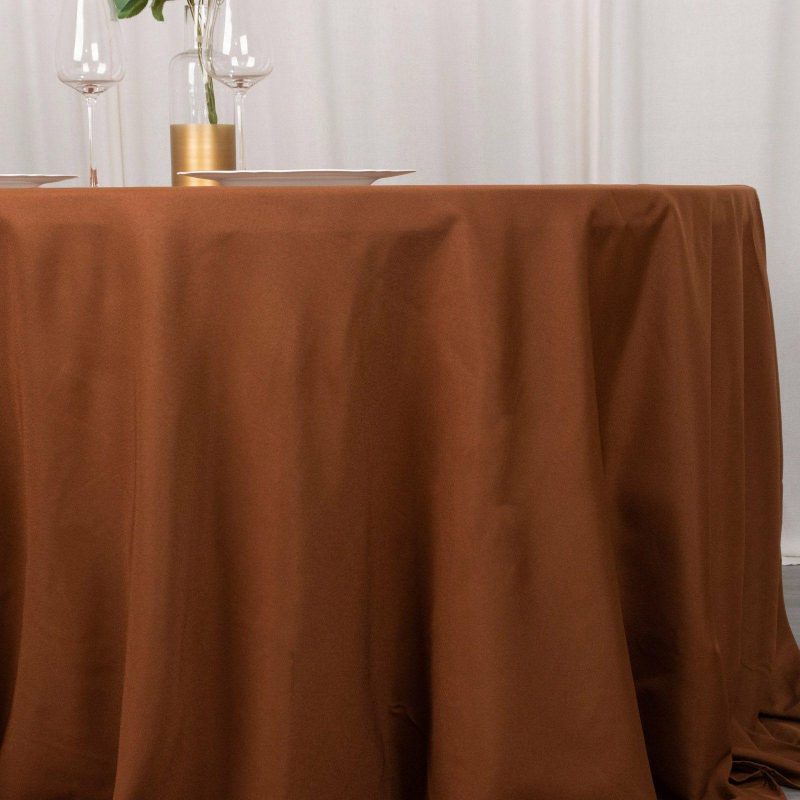 Cinnamon Brown Seamless Polyester Round Tablecloth 132″ for 6 Foot Table With Floor-Length Drop  |   Polyester Polyester Cinnamon Brown