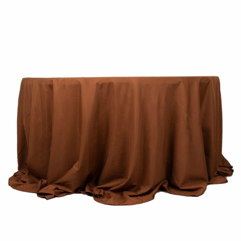 Cinnamon Brown Seamless Polyester Round Tablecloth 132″ for 6 Foot Table With Floor-Length Drop  |   Polyester Polyester Cinnamon Brown