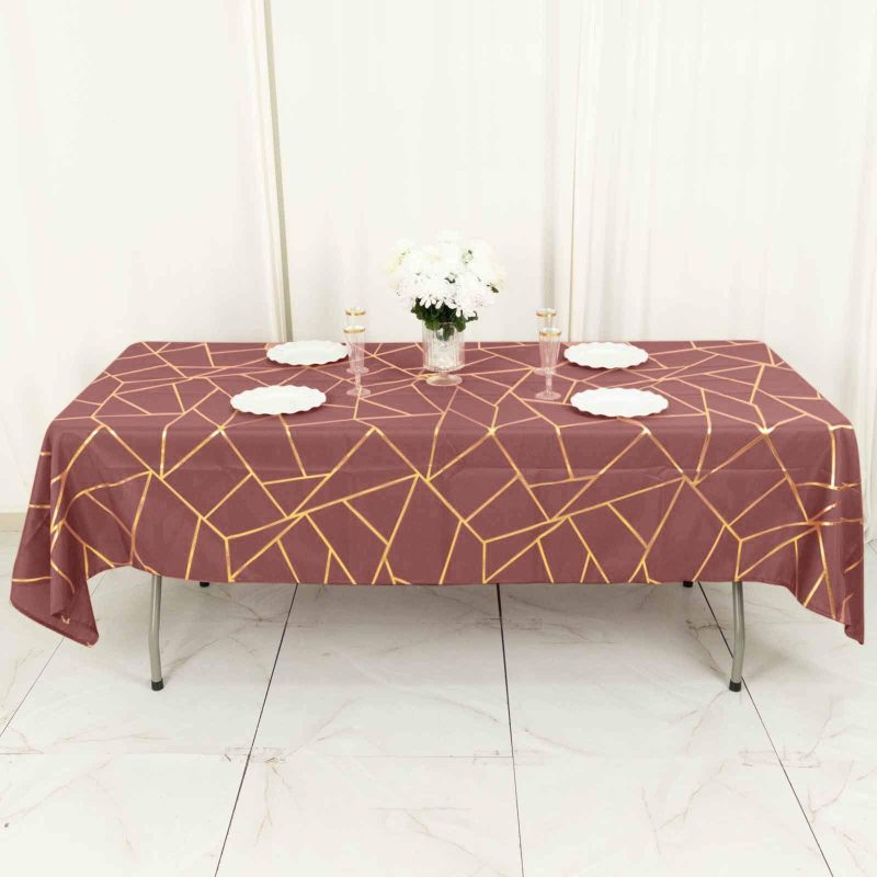 Cinnamon Rose Polyester Seamless Rectangle Tablecloth With Gold Foil Geometric Pattern 60″x102″  |   Polyester Polyester Cinnamon Rose